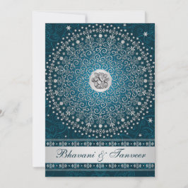 Hindu Ganesh Aquamarin, Silver Scrolls Wedding Inv Einladung