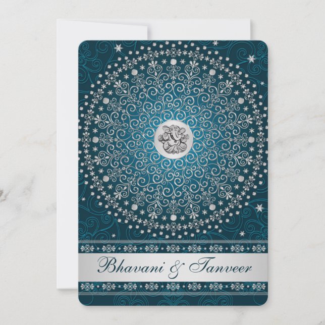 Hindu Ganesh Aquamarin, Silver Scrolls Wedding Inv Einladung (Vorderseite)