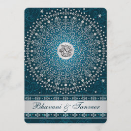 Hindu Ganesh Aquamarin, Silver Scrolls Wedding Inv Einladung