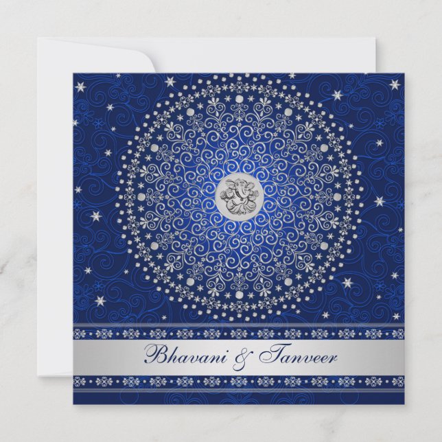 Hindu Ganesh Blue Silver Scrolls Wedding Einladung (Vorderseite)