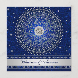 Hindu Ganesh Blue Silver Scrolls Wedding Einladung