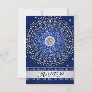 Hindu Ganesh Blue Silver Scrolls Wedding RSVP Card Karte