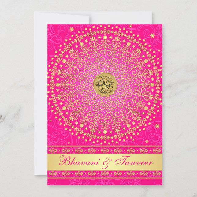 Hindu Ganesh Pink, Gold Scrolls Wedding Einladung  (Vorderseite)