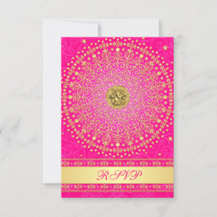 Hindu Ganesh Pink, Gold Scrolls Wedding RSVP Card Karte