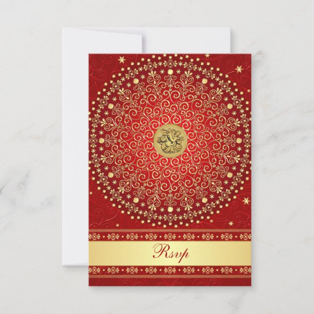 Hindu Ganesh Red Gold Scrolls Wedding RSVP Card Karte (Vorderseite)