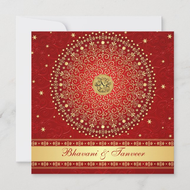 Hindu Ganesh Red, Gold Scrolls Wedite Einladung (Vorderseite)