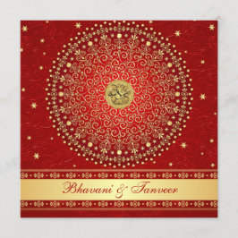 Hindu Ganesh Red, Gold Scrolls Wedite Einladung