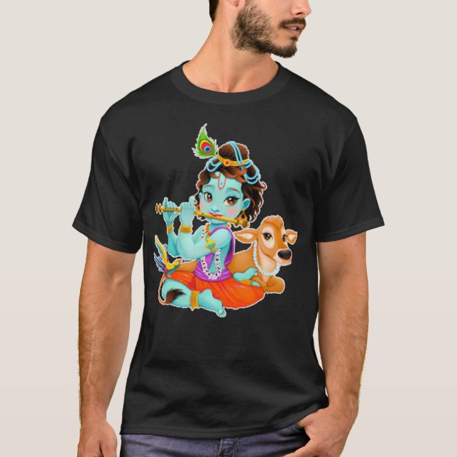 Hindu god Lord Shri Krishna with cow and bird T-Shirt (Vorderseite)