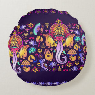 Hindu Gott Ganesha und indische Symbole in der Str Rundes Kissen