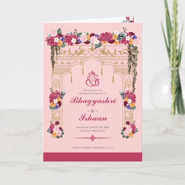 Hindu Hochzeitfeier Pink Tropical Floral Programm (Vorderseite)