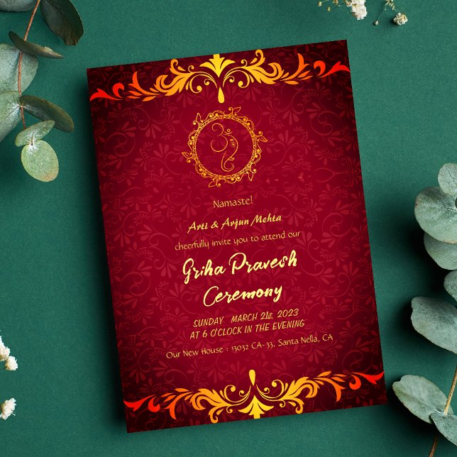 Hindu House Erwärmung Griha Pravesh Golden Ganesha Einladung (Von Creator hochgeladen)