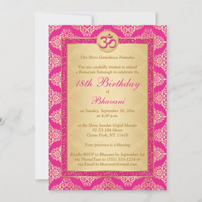 Hindu Magenta Pink, Gold Damask 18. Geburtstag Einladung (Vorderseite)
