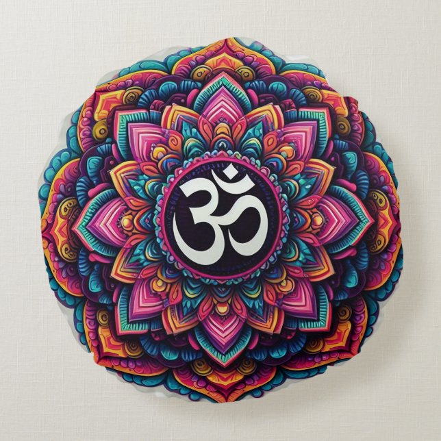 Hindu Om Symbol in einem farbigen Mandala-Design Rundes Kissen (Rückseite)