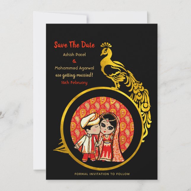 Hindu Wedding Einladungen Red Gold Cartoon Couple (Vorderseite)