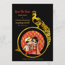 Hindu Wedding Einladungen Red Gold Cartoon Couple