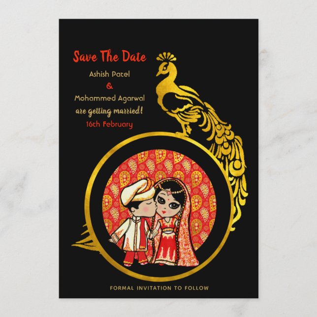 Hindu Wedding Einladungen Red Gold Cartoon Couple (Vorderseite)