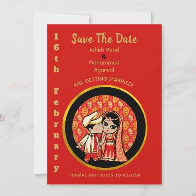 Hindu Wedding Einladungen Red Gold Cartoon Couple (Vorderseite)