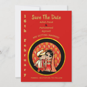 Hindu Wedding Einladungen Red Gold Cartoon Couple
