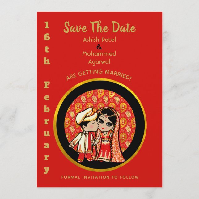 Hindu Wedding Einladungen Red Gold Cartoon Couple (Vorderseite)