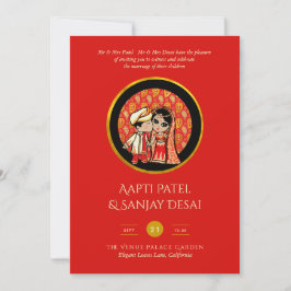 Hindu Wedding Einladungen Red Gold Cartoon Couple