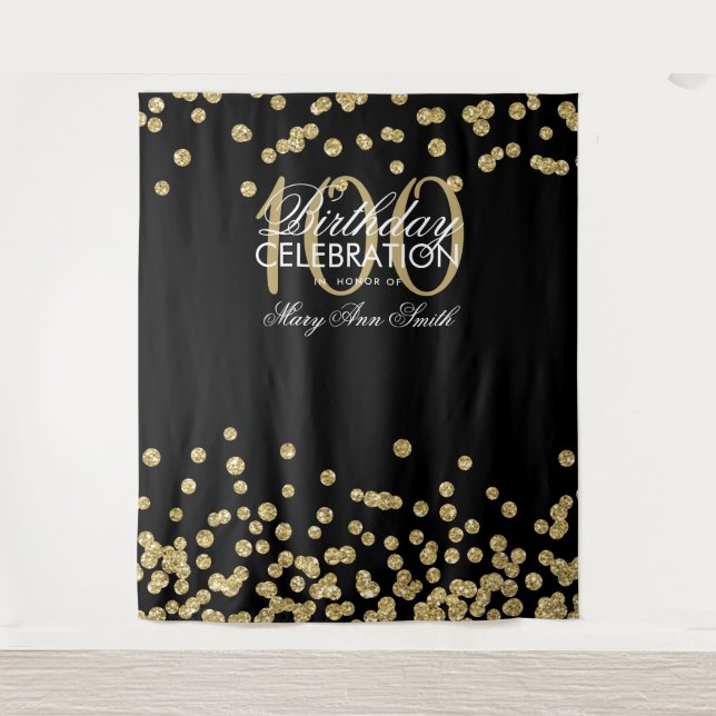 Hintergrund 100. Geburtstag Gold Black Confetti Wandteppich (Vorderseite)