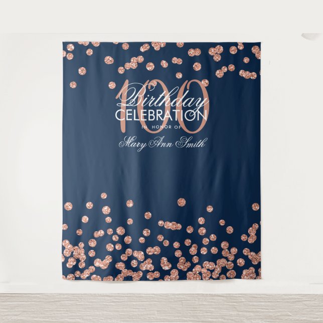 Hintergrund 100. Geburtstag Rose Gold Navy Confett Wandteppich (Vorderseite)