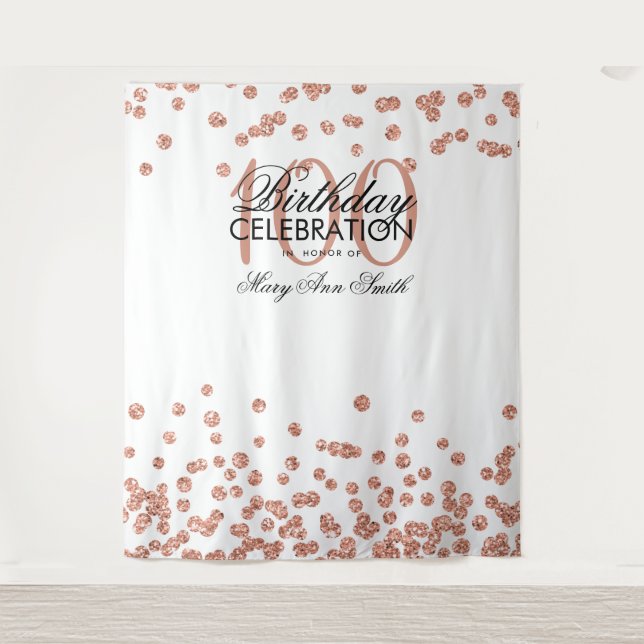 Hintergrund 100. Geburtstag Rose Gold White Confet Wandteppich (Vorderseite)