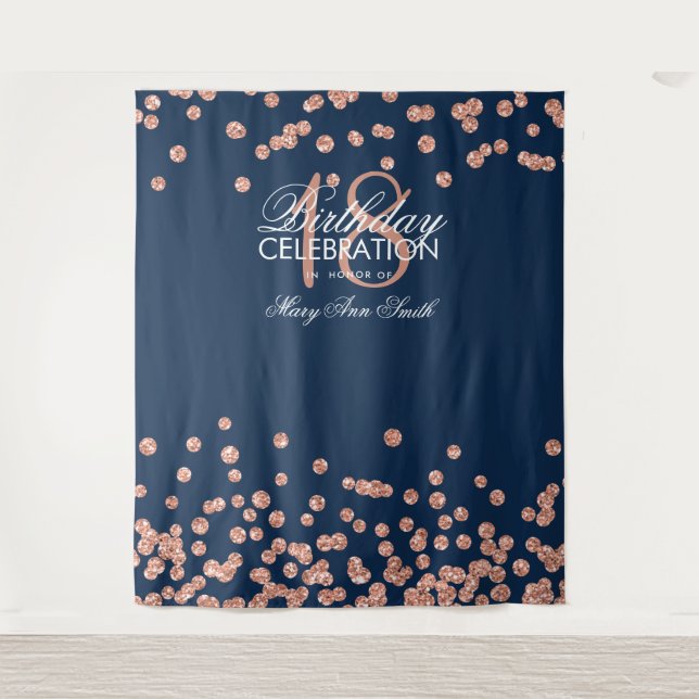 Hintergrund 18. Geburtstag Rose Gold Navy Confetti Wandteppich (Vorderseite)