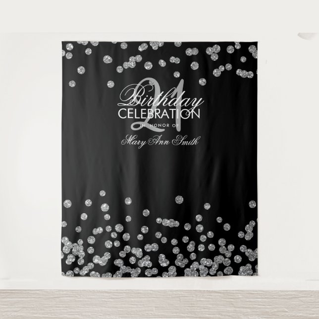 Hintergrund 21. Geburtstag Silver Black Confetti Wandteppich (Vorderseite)