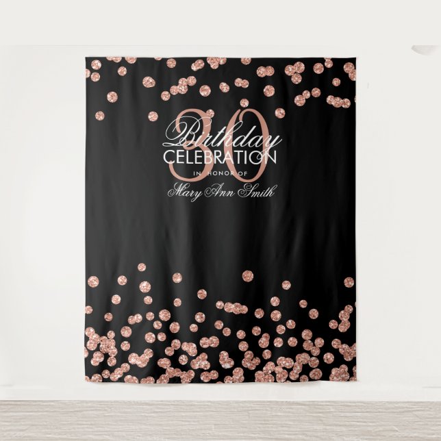 Hintergrund 30. Geburtstag Rose Gold Black Confett Wandteppich (Vorderseite)