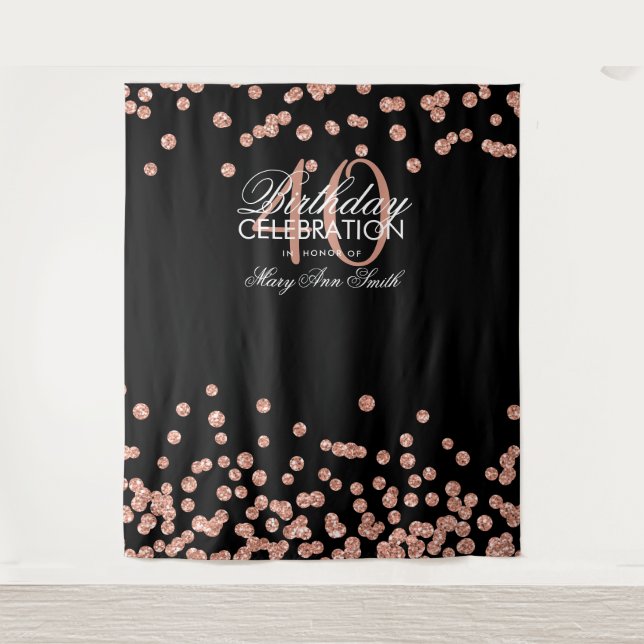 Hintergrund 40. Geburtstag Rose Gold Black Confett Wandteppich (Vorderseite)