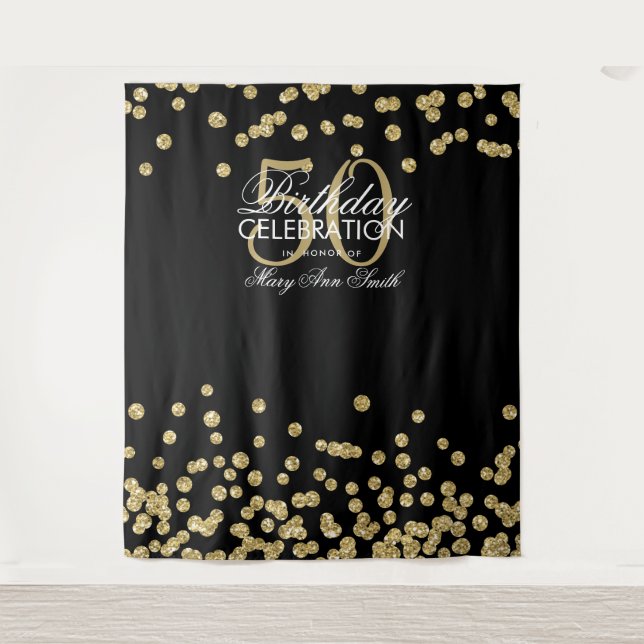 Hintergrund 50. Geburtstag Gold Black Confetti Wandteppich (Vorderseite)