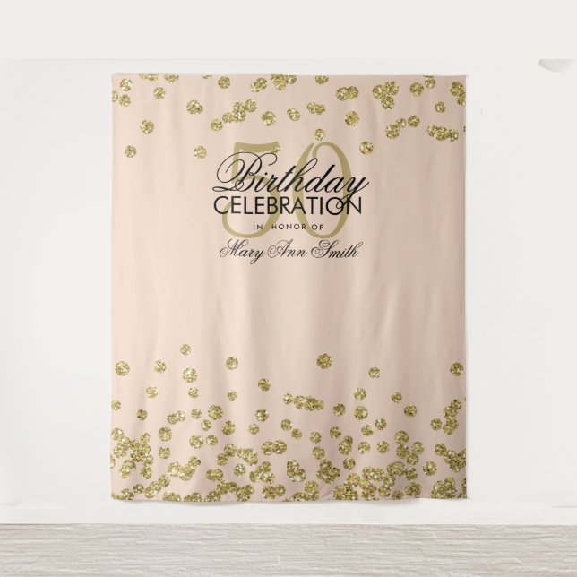Hintergrund 50. Geburtstag Gold Blush Pink Confett Wandteppich (Vorderseite)