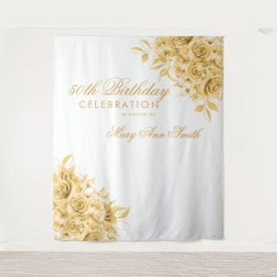 Hintergrund 50. Geburtstagsparty Floral Gold & Whi Wandteppich