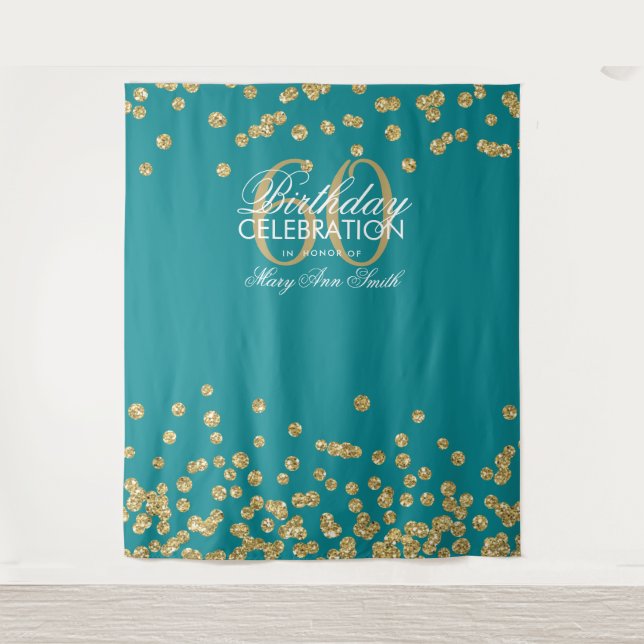 Hintergrund 60. Geburtstag Gold Aquamarin Confetti Wandteppich (Vorderseite)