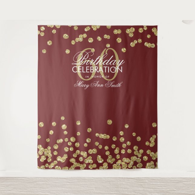 Hintergrund 60. Geburtstag Gold Burgund Confetti Wandteppich (Vorderseite)
