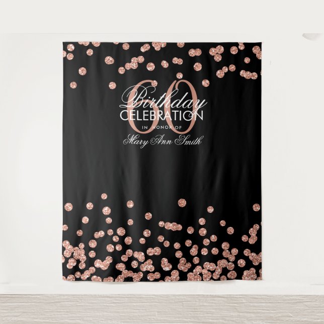 Hintergrund 60. Geburtstag Rose Gold Black Confett Wandteppich (Vorderseite)