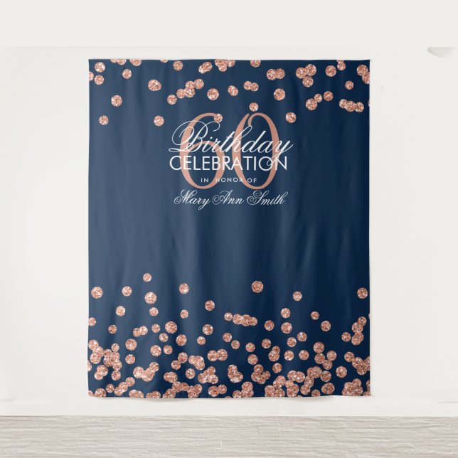 Hintergrund 60. Geburtstag Rose Gold Navy Confetti Wandteppich (Vorderseite)