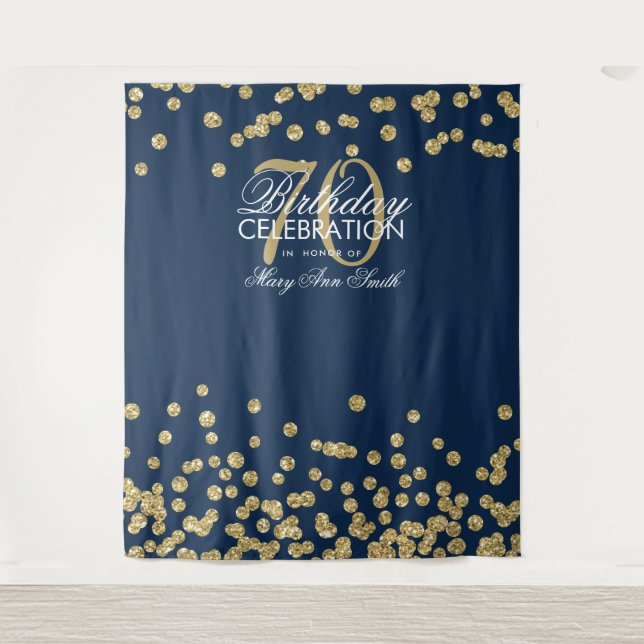 Hintergrund 70. Geburtstag Gold Navy Blue Confetti Wandteppich (Vorderseite)