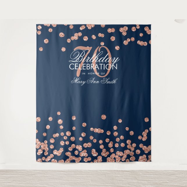 Hintergrund 70. Geburtstag Rose Gold Navy Confetti Wandteppich (Vorderseite)