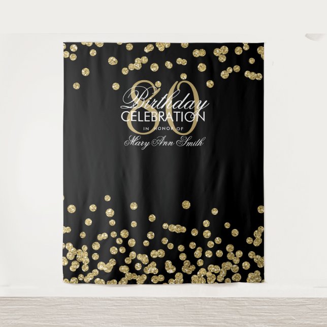 Hintergrund 80. Geburtstag Gold Black Confetti Wandteppich (Vorderseite)