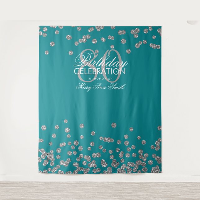 Hintergrund 80. Geburtstag Silver Aquamarin Confet Wandteppich (Vorderseite)