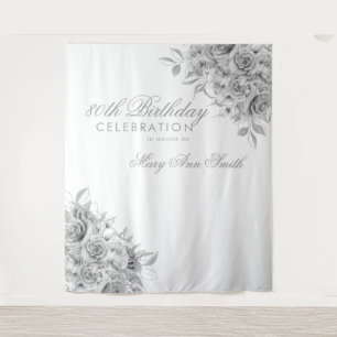 Hintergrund 80. Geburtstagsparty Blumensilber & We Wandteppich