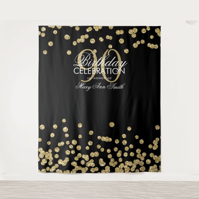Hintergrund 90. Geburtstag Gold Black Confetti Wandteppich (Vorderseite)