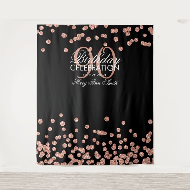 Hintergrund 90. Geburtstag Rose Gold Black Confett Wandteppich (Vorderseite)