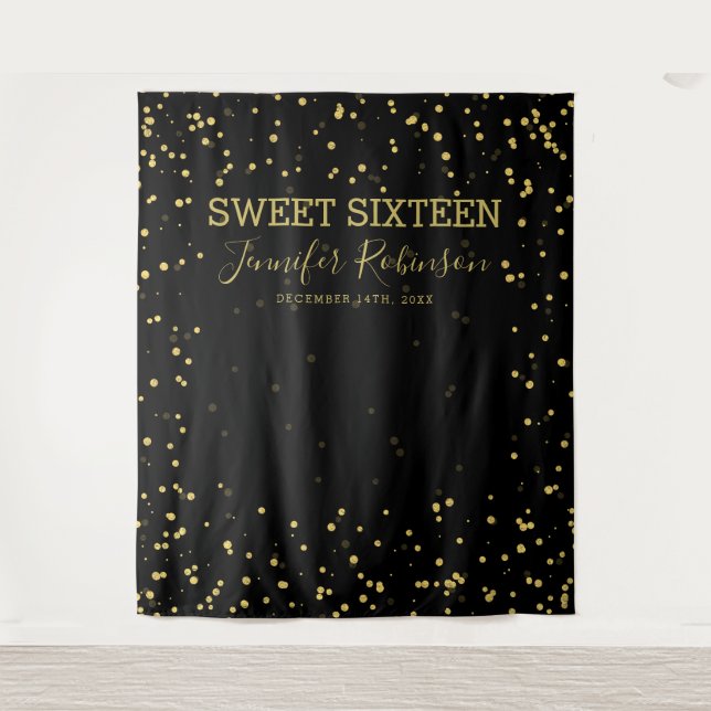 Hintergrund-Banner Sweet 16 Gold- und Black-Glitze Wandteppich (Vorderseite)