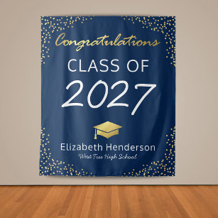 Hintergrund der Blue Gold Graduation Party Wandteppich