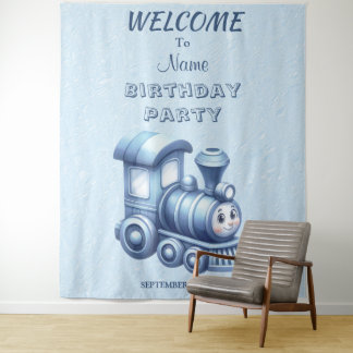 Hintergrund der Blue Train Birthday Party Wandteppich
