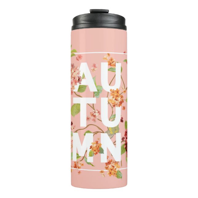 Hintergrund der Hortensia-Blume. Herbstauslegung Thermosbecher (Vorderseite)