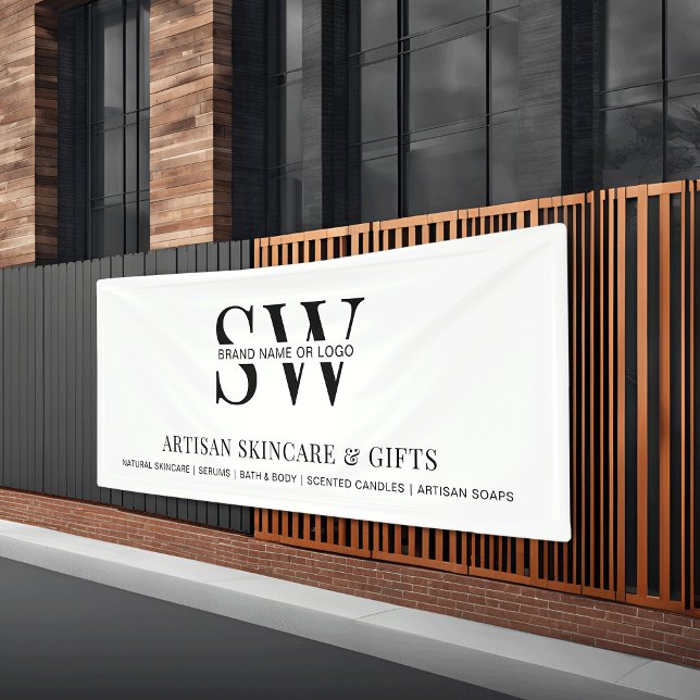 Hintergrund der Minimalistischen Monogram-Werbeakt Banner (Fully customizable modern company monogram outdoor banner *mockup background photo is Ai generated)